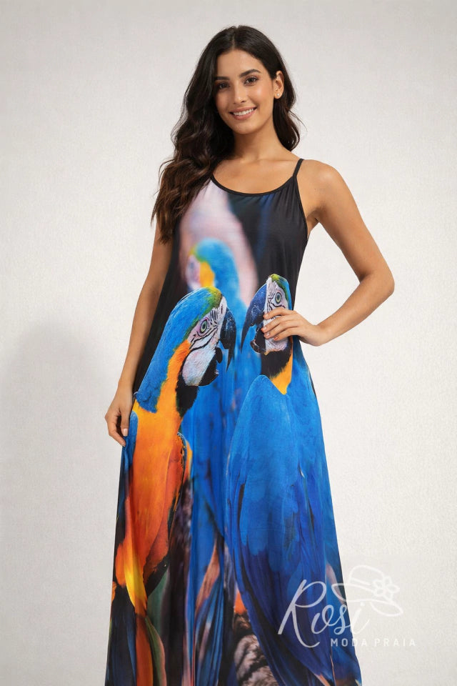 Vestido de Praia Longo Estampa Arara Microfibra Alça Regulável