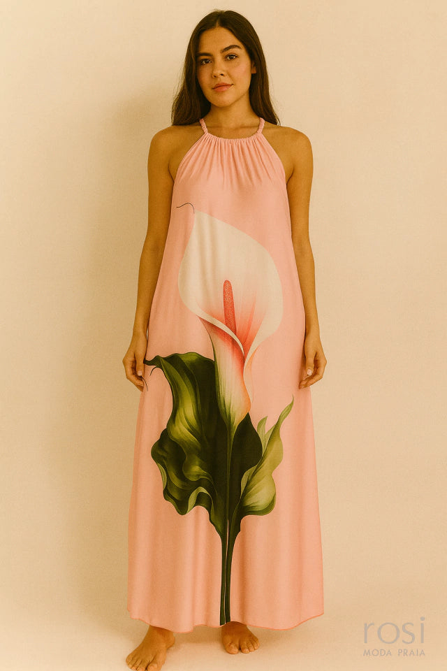 Saída de Praia Vestido Longo Rosa Estampa Floral – Tamanho Único