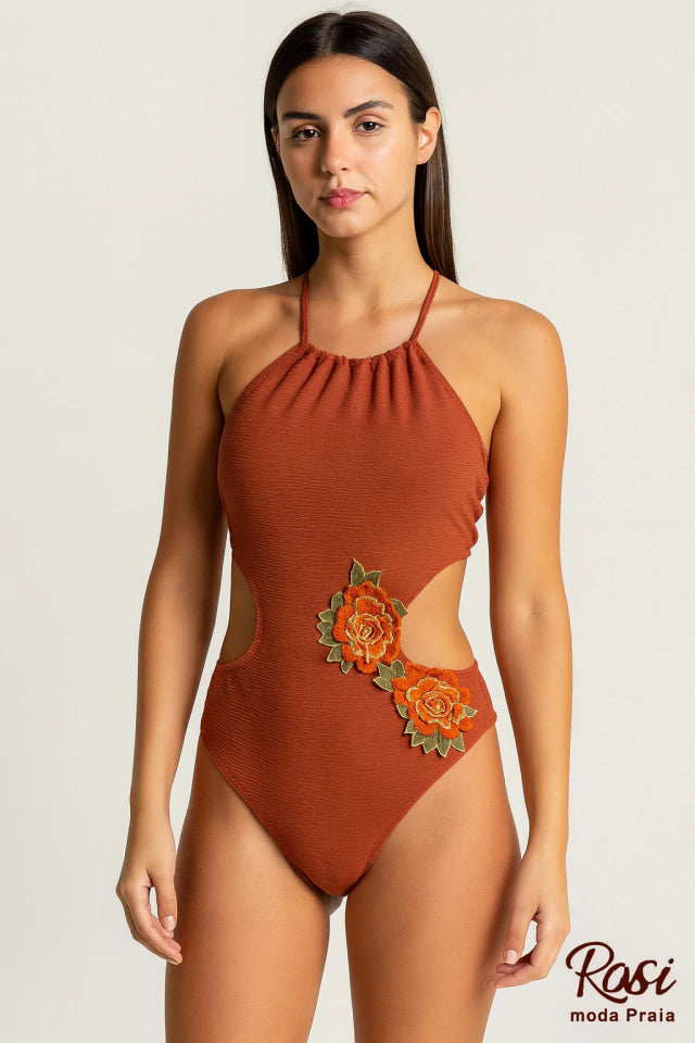 Maiô Engana Mamãe Terracota com Bordado Floral