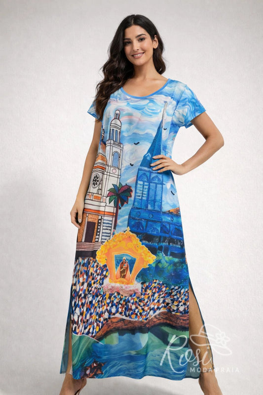 Vestido de Praia Azul Longo Estampa Cidade – Tamanho Único