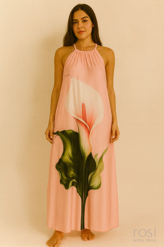 Saída de Praia Vestido Longo Rosa Estampa Floral – Tamanho Único