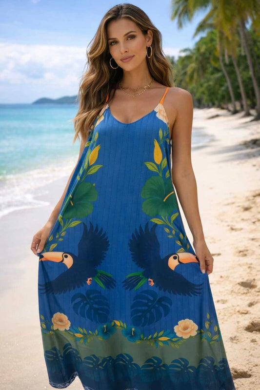 Vestido Saída de Praia Longo Azul Estampa Tucanos – Tamanho Único